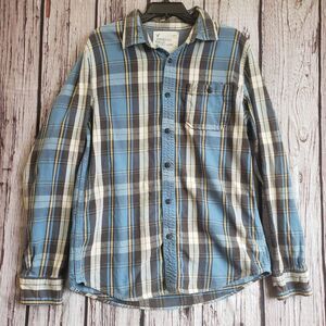 American Eagle Outfitters Blue Flannel Plaid Pocket Mens Large Collared Thick